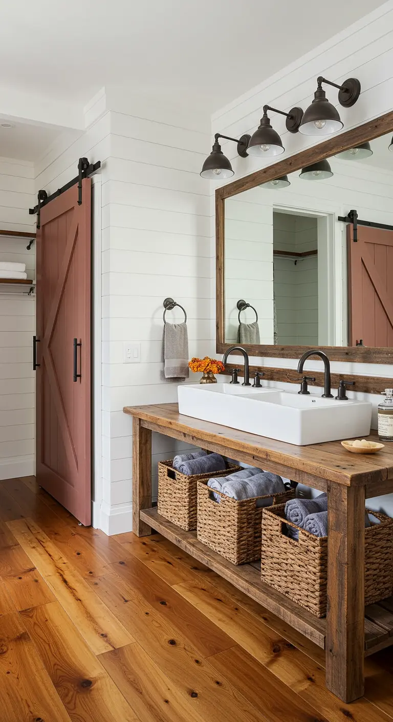 Farmhouse badkamer met witte shiplap-wanden en een roodbruine schuurdeur.