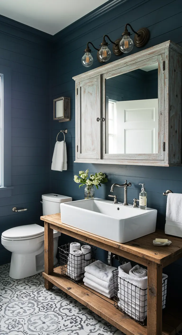 Landelijke badkamer met donkerblauwe houten wand, verweerde spiegelkast en een patroonvloer.