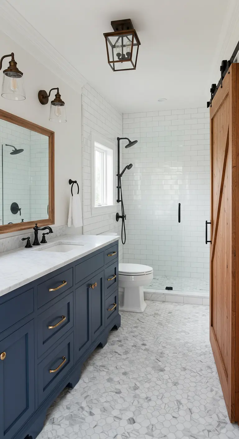 Farmhouse badkamer met marmeren mozaïekvloer, blauw meubel en een houten schuurdeur.