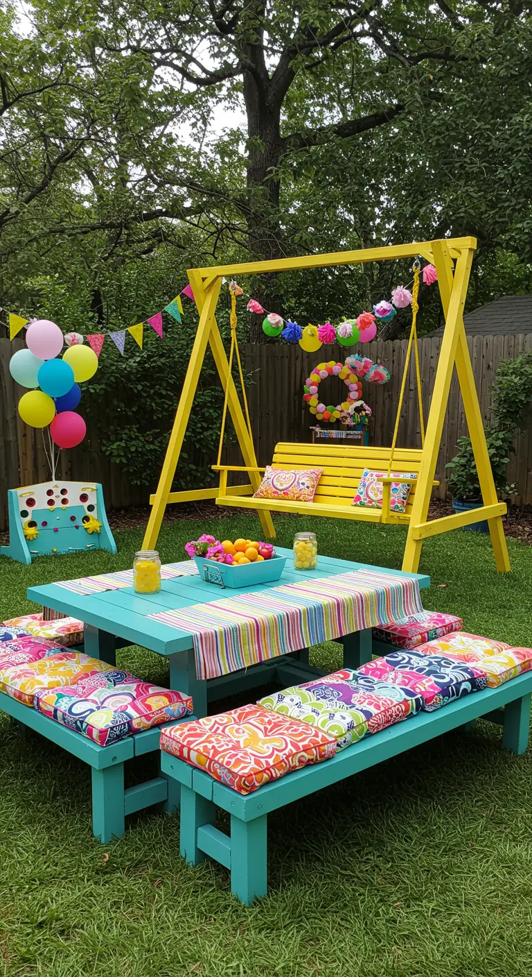 Feestelijke tuin met geel schommelrek, turquoise picknicktafel, ballonnen en slingers.