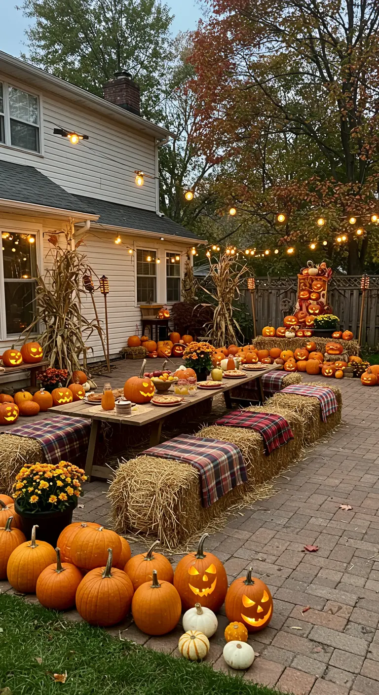 Groot herfstfeest in de tuin met lange tafels en zitplaatsen van hooibalen met plaids.