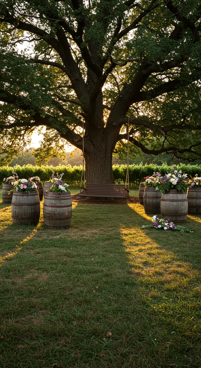 Houten schommelbank onder grote eik met wijnvaten vol bloemen en wijngaard op achtergrond.