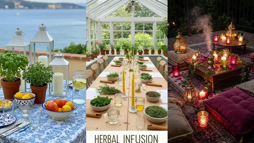 Een collage van feestelijke settings met kaarsen, kruiden en oliën, inclusief een herbal workshop en gezellige avondsfeer.