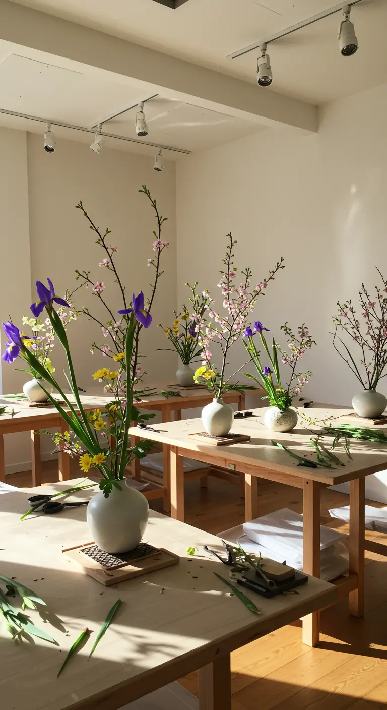 Tafels met vazen en bloemen, klaar voor een Ikebana bloemschikworkshop.