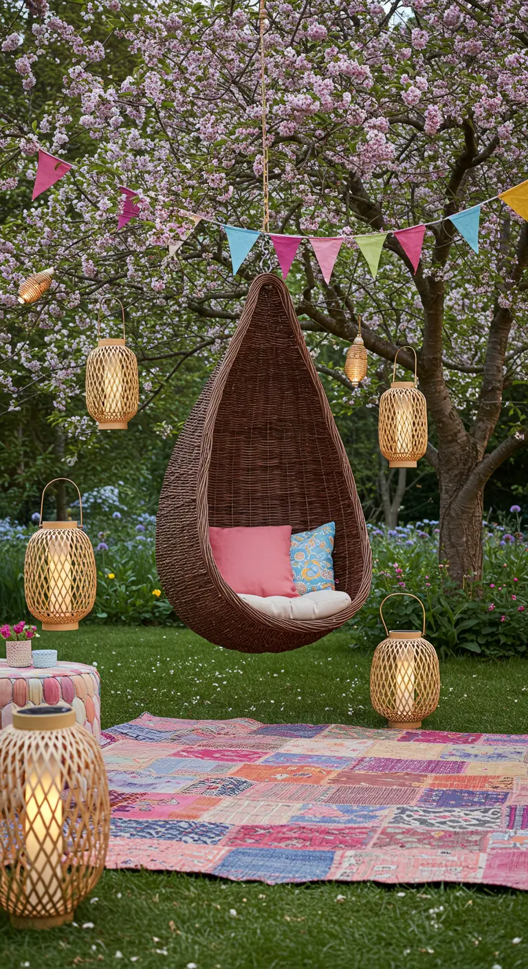 Tuin met een hangstoel in een bloesemboom, versierd met vlaggetjes en lantaarns.