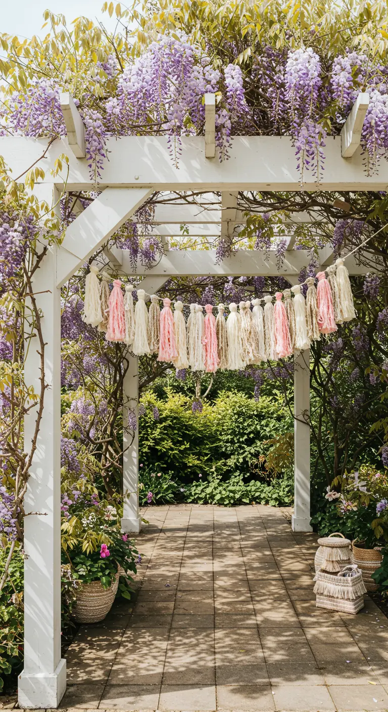 Een slinger van crèmekleurige en roze kwastjes hangt aan een witte pergola vol bloemen.
