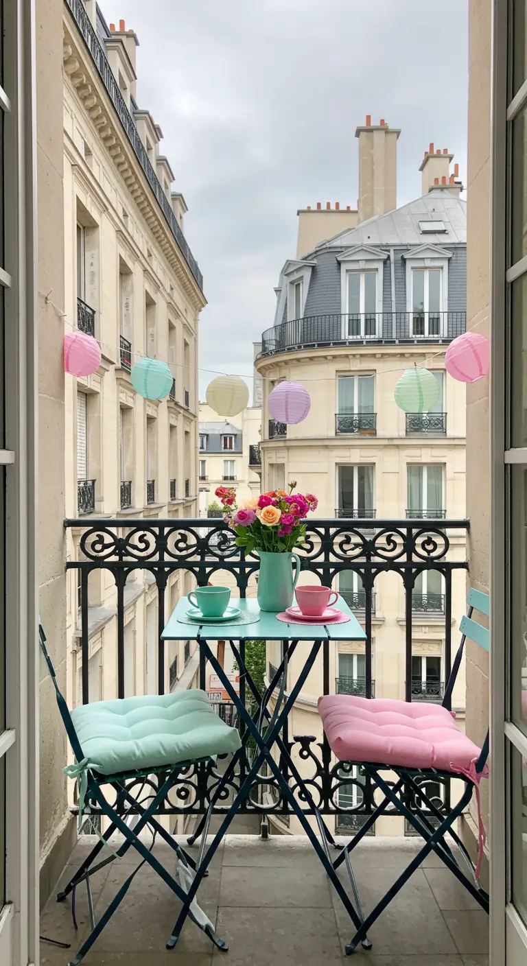 Balkon met pastelkleurige lampionnen en een bistrosset met roze en mintgroene kussens.