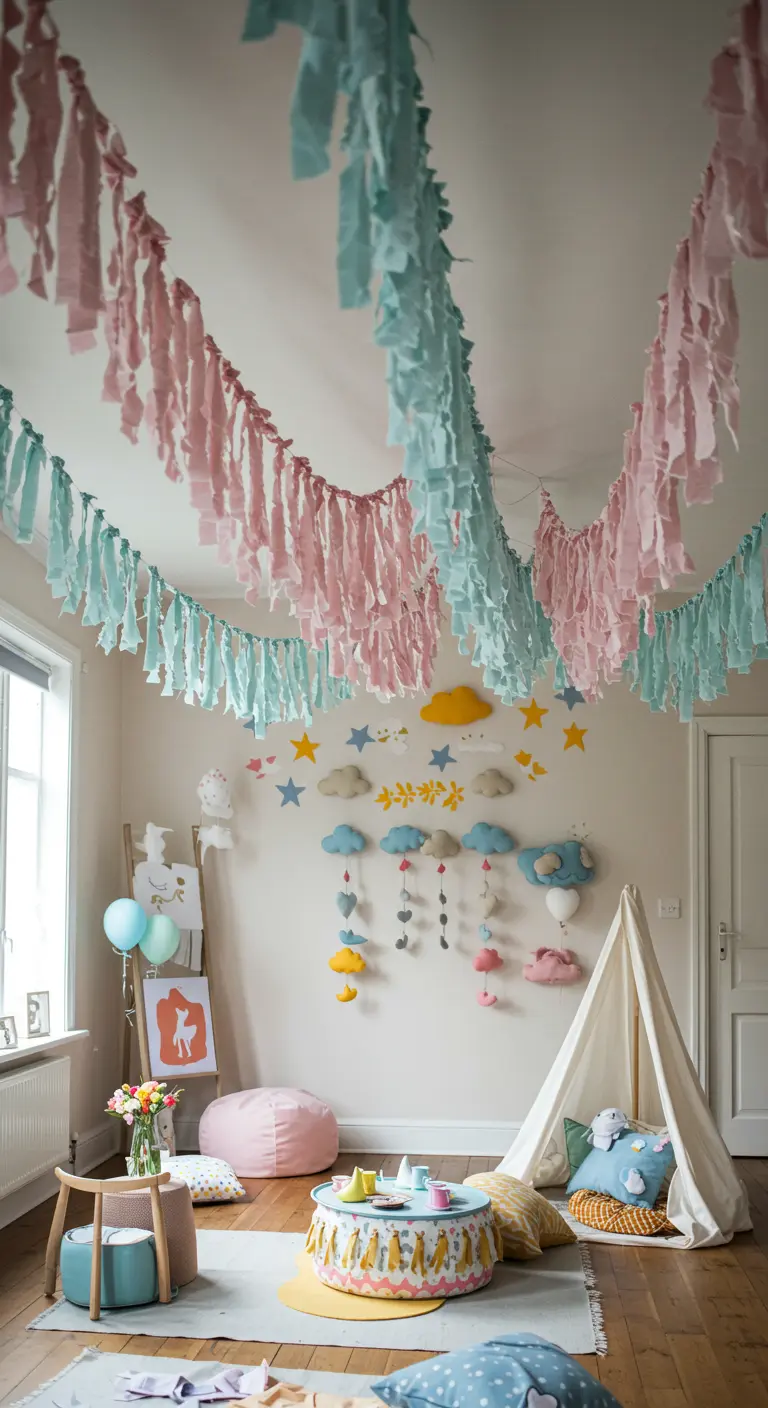Slingers van roze en blauwe stofrepen hangen kriskras door een kinderkamer.
