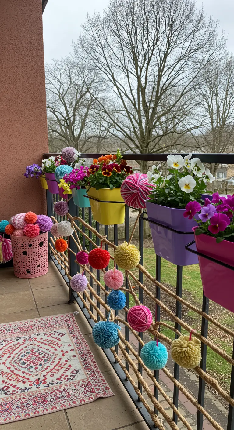 Balkonhek met kleurrijke bloembakken en een slinger van pompons.