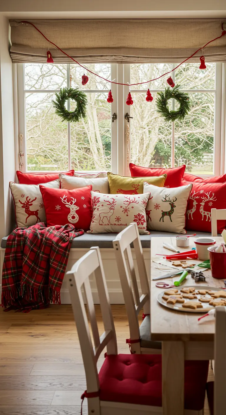 Vensterbank vol met rode en witte kerstkussens en een plaid.