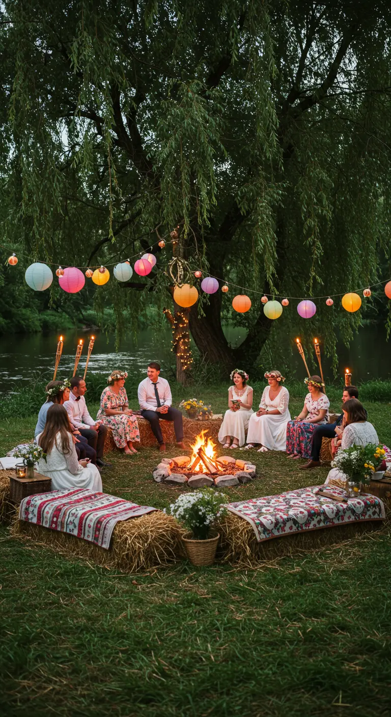 Gezelschap rond een kampvuur op hooibalen met gekleurde kleden en lampionnen in de bomen.