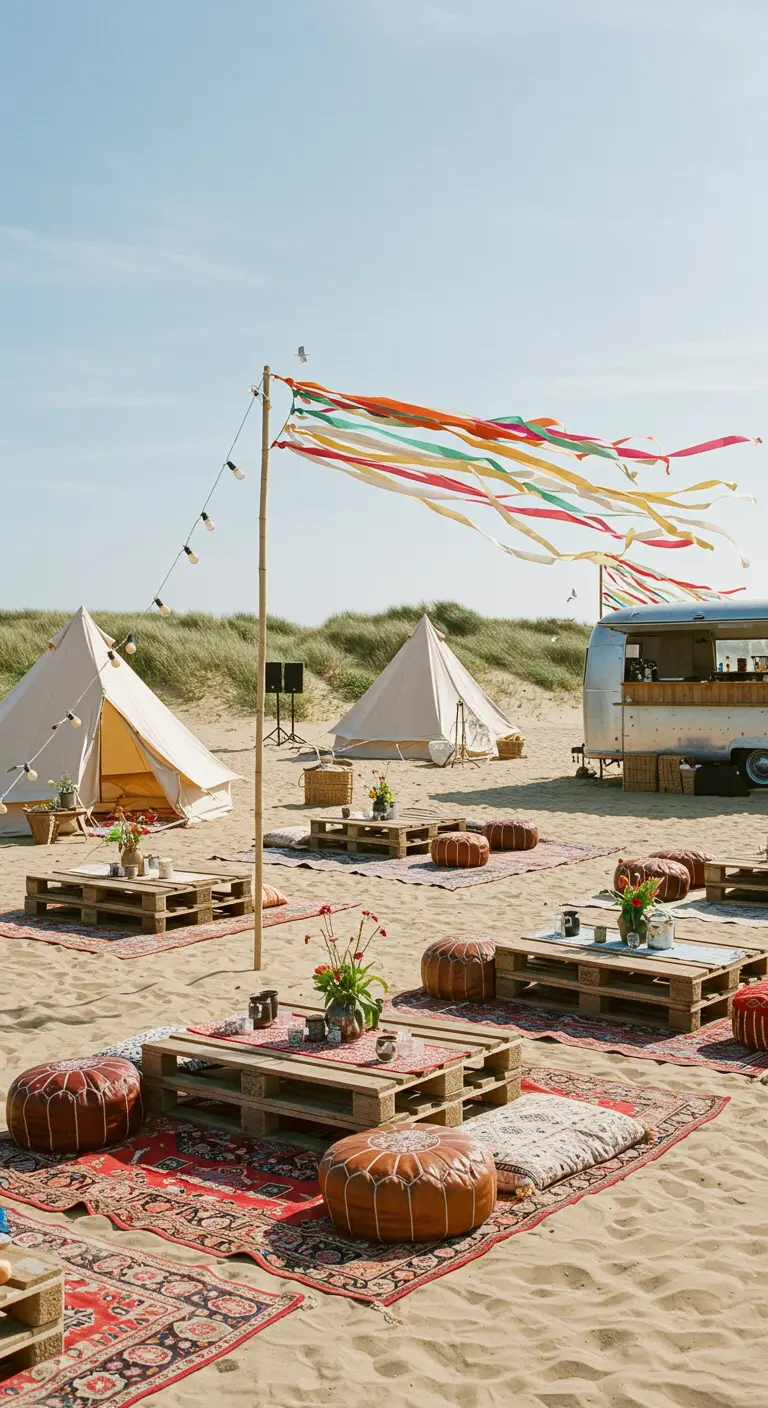 Festival-achtige bruiloftssetting in het zand met pallets, kleden, poefs en een Airstream-bar.