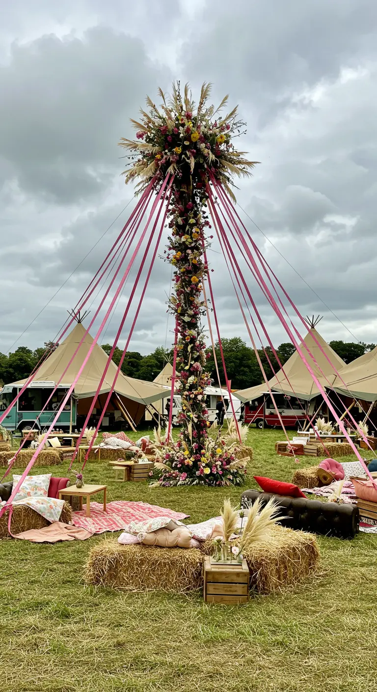 Festival-achtige setting met een versierde meiboom met linten en loungeplekken op hooibalen.