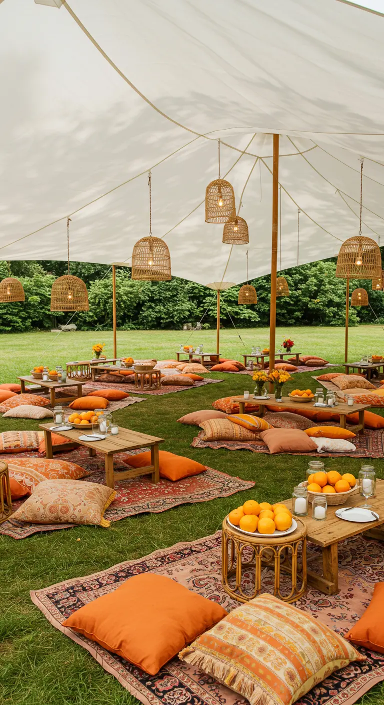 Grote picknickopstelling in het gras met tapijten, oranje kussens en lage tafeltjes.