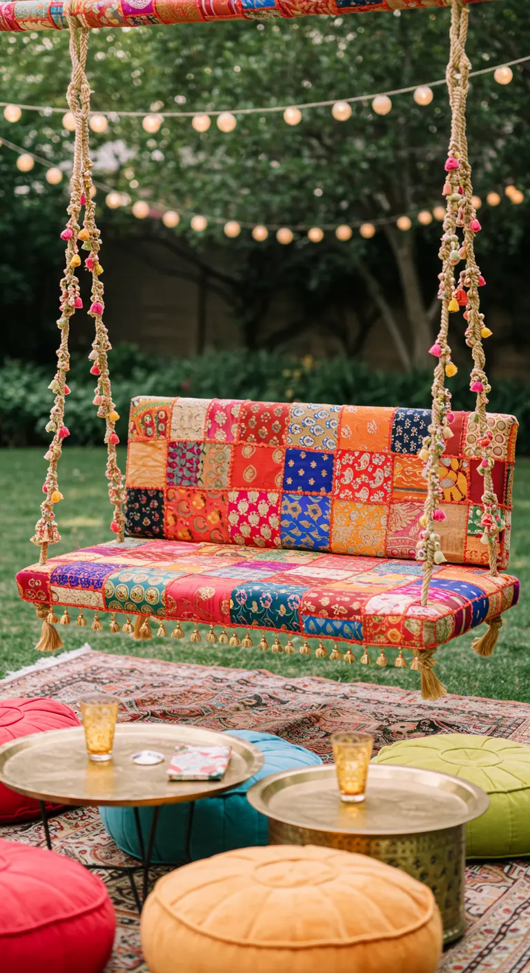 Kleurrijke patchwork schommelbank in een tuin met vloerkussens en gouden tafeltjes.
