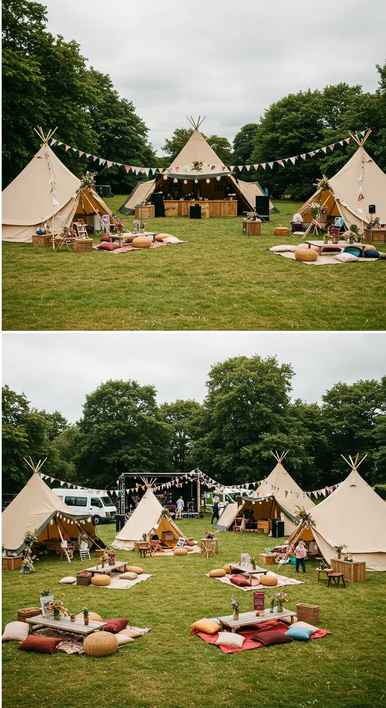 Bruiloft in festivalstijl met meerdere tipi's en loungeplekken op een grasveld.