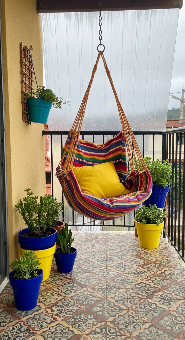 Kleurrijke gestreepte hangmatstoel op een balkon met een tegelvloer en felgekleurde bloempotten.