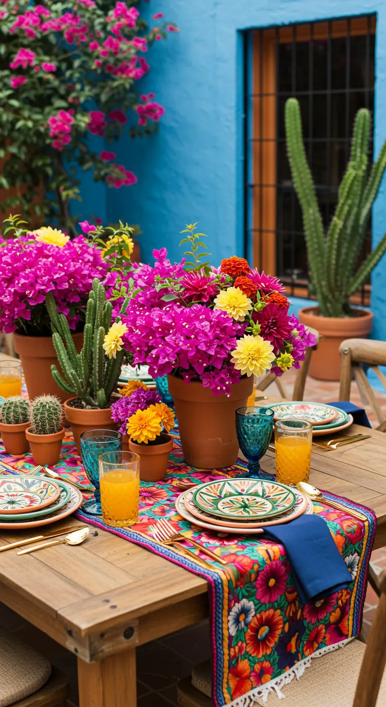 Kleurrijke eettafel met Mexicaanse patronen, cactussen en fuchsia bloemen tegen een blauwe muur.