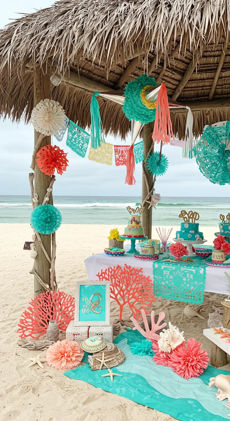 Strandpaviljoen met turquoise en koraalrode decoraties voor een Mexicaans feest.