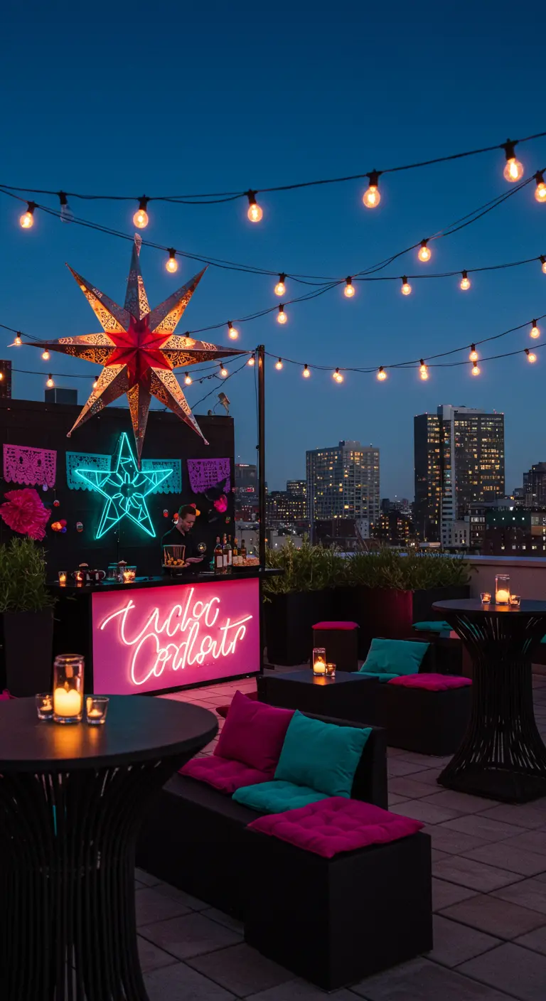 Dakterrasbar met neonverlichting, lichtslingers en Mexicaanse decoraties.