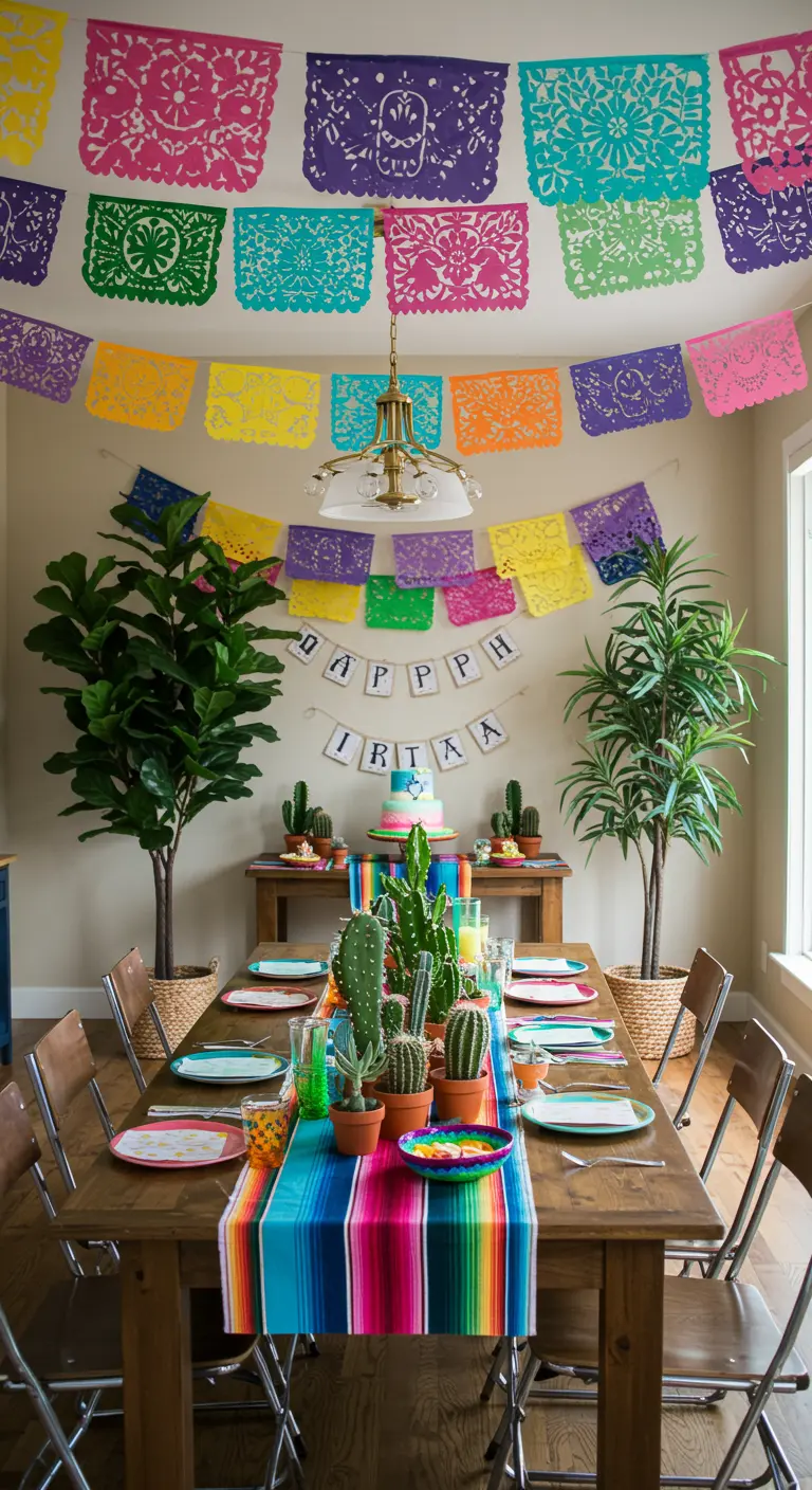Feestelijke tafel met kleurrijke Mexicaanse slingers en cactussen.