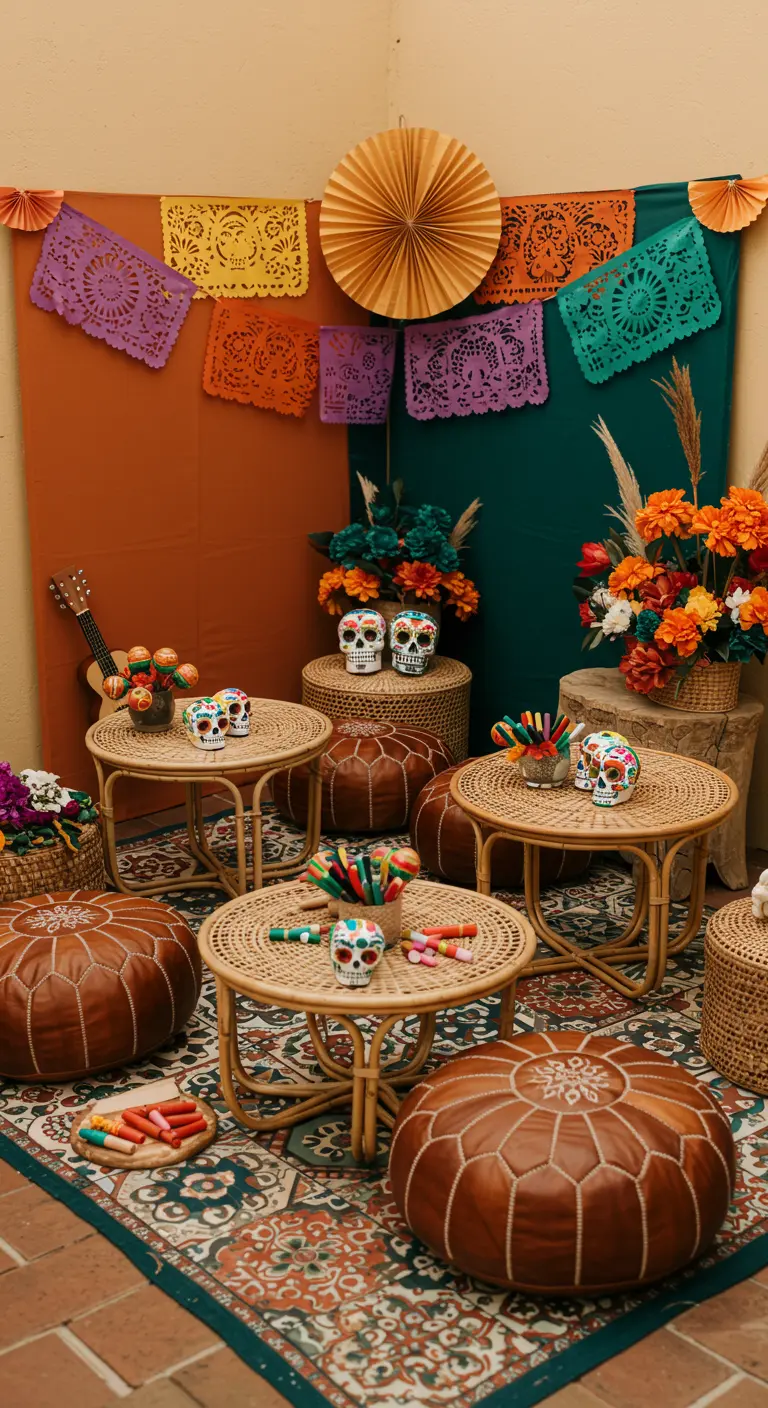 Kleurrijke kinderhoek in Mexicaans thema met 'papel picado' en rotan meubels.
