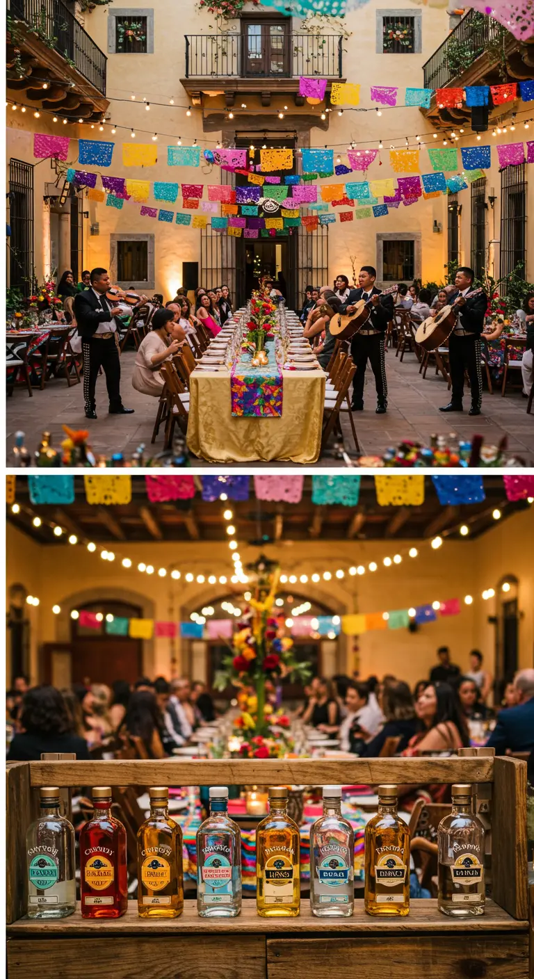 Collage van een Mexicaanse bruiloft met kleurrijke slingers en een tequila proeverij.