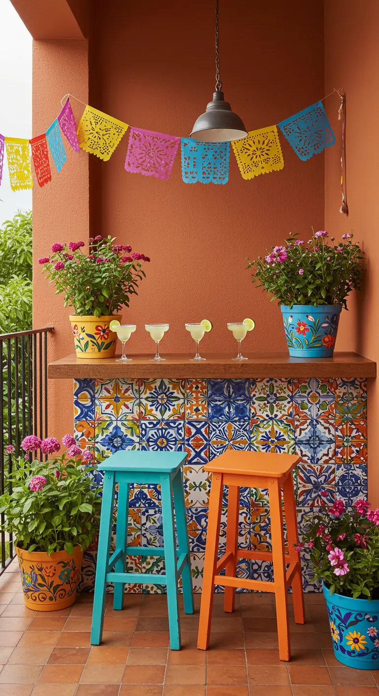 Kleurrijke balkonbar met Mexicaanse tegels, felle krukjes, bloemen en papel picado-slingers.