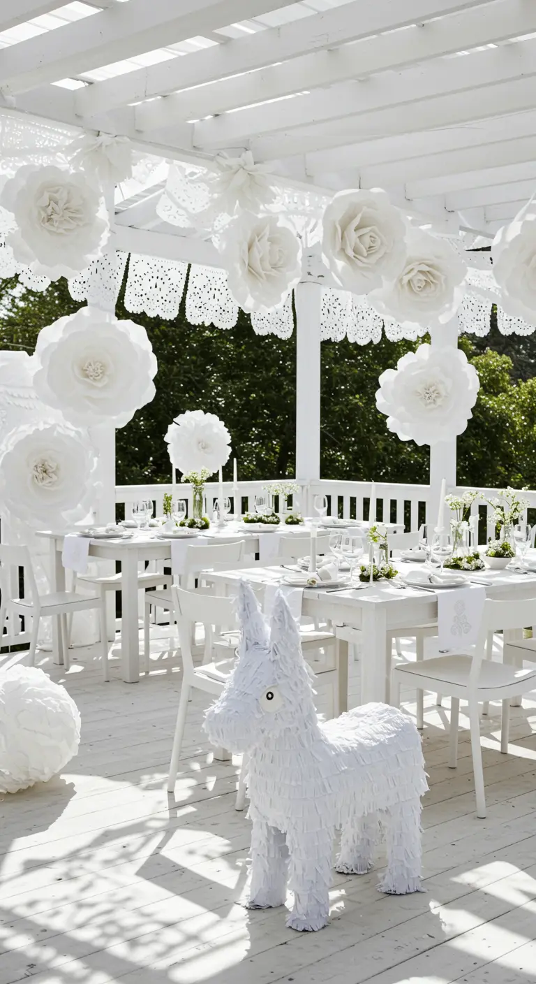 Volledig witte feestsetting met witte tafels, stoelen, piñata en decoraties.