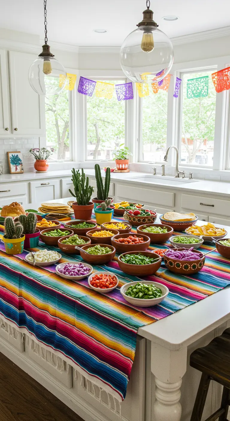 Keukeneiland met een kleurrijk kleed en schaaltjes voor een taco bar.