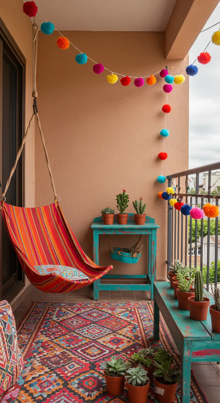 Kleurrijk balkon met een gestreepte hangmatstoel, pomponslinger en turquoise meubels.