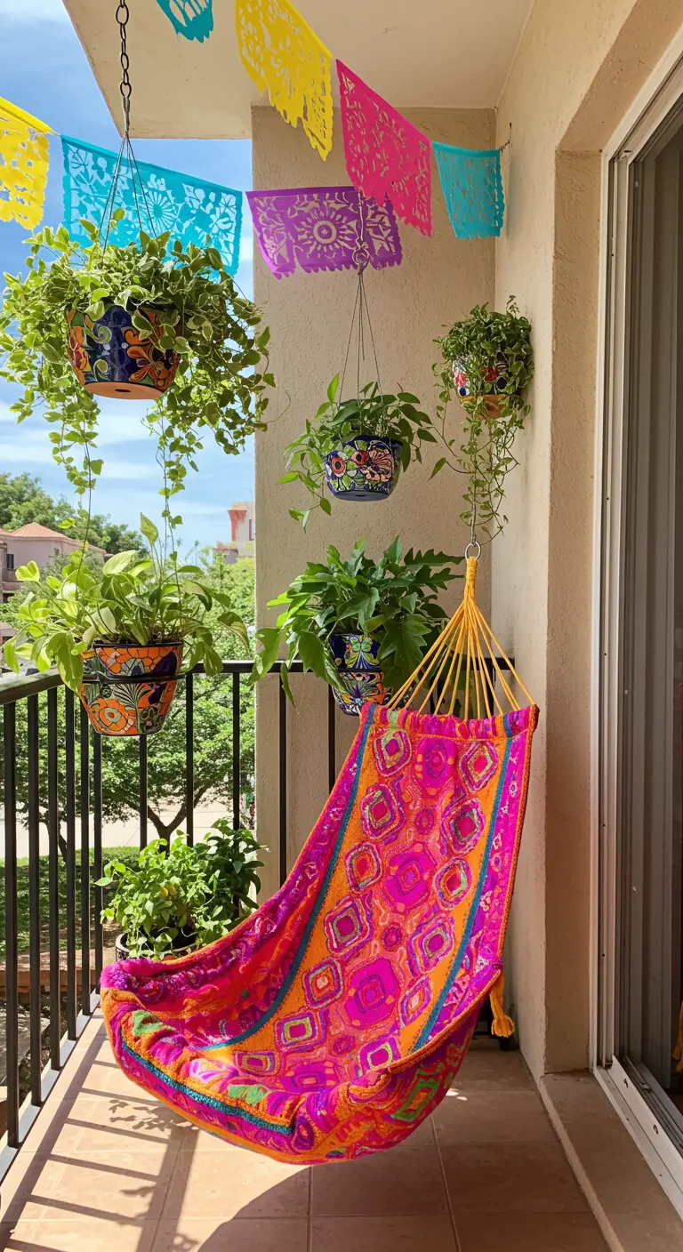 Kleurrijke hangmat-stoel op een balkon met Mexicaanse 'papel picado' slingers en beschilderde potten.