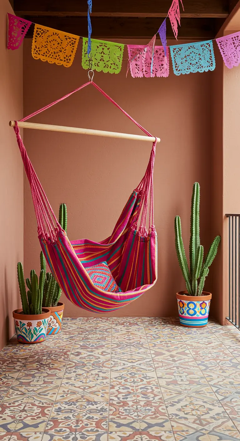 Kleurrijke Mexicaanse hangmat op een balkon met vrolijk betegelde vloer en cactussen.