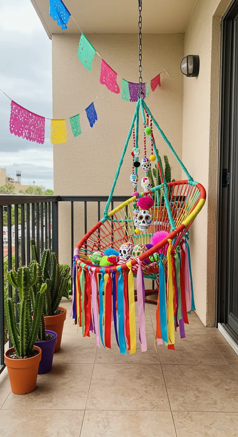 Felgekleurde hangstoel versierd met linten, kralen en doodshoofdjes in fiestastijl.