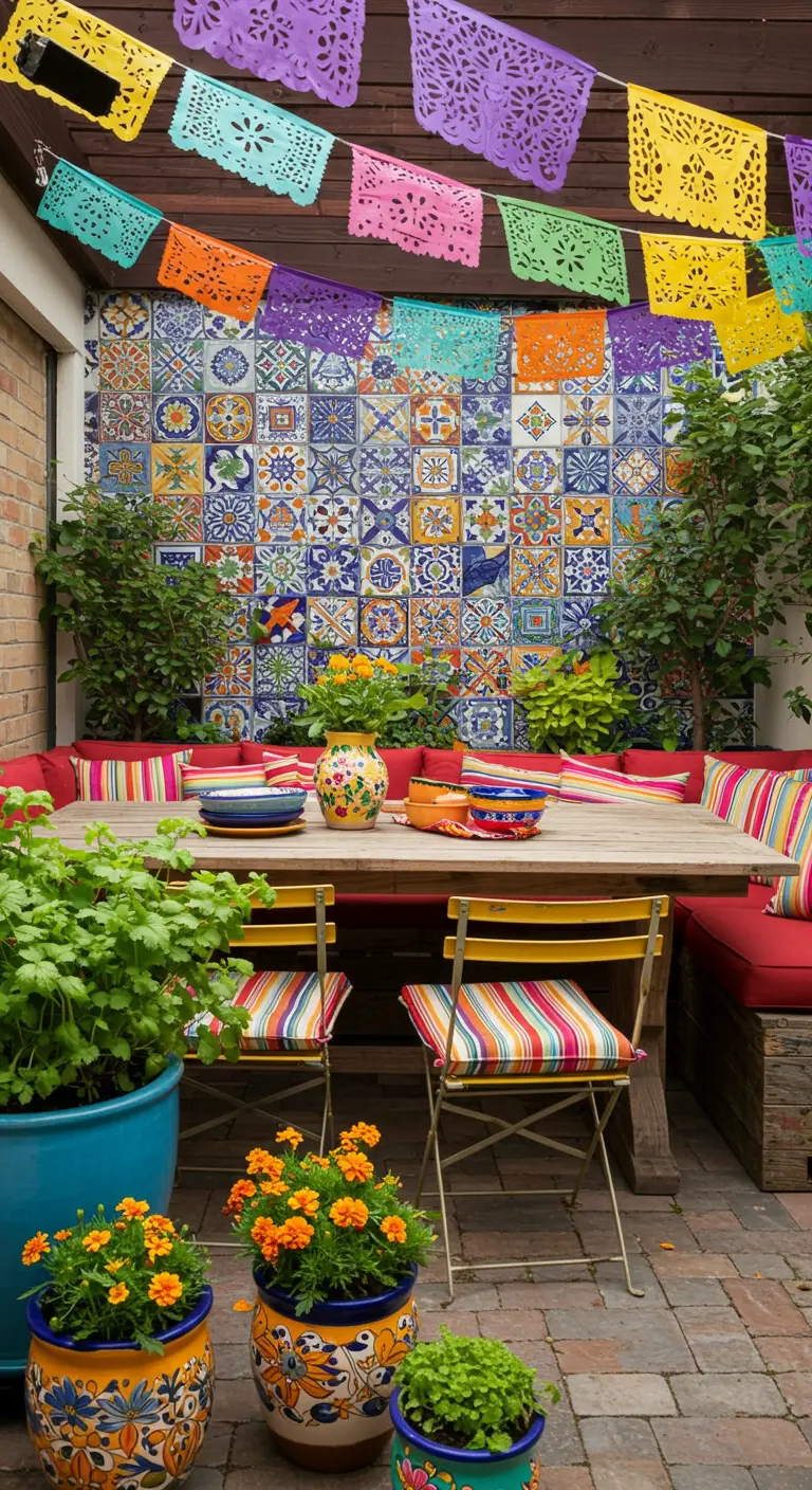 Kleurrijke patio in Mexicaanse stijl met een tegelwand, vrolijke slingers en gestreepte kussens.