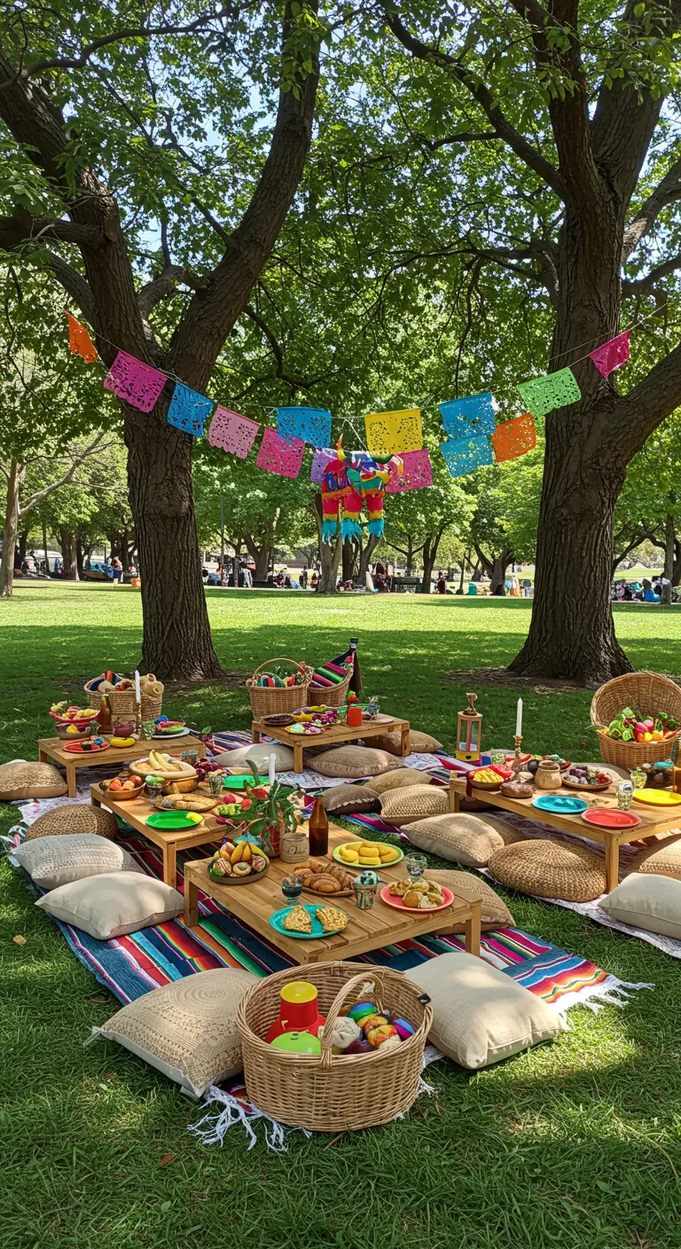 Picknick in het park met lage tafels, kussens en Mexicaanse dekens.