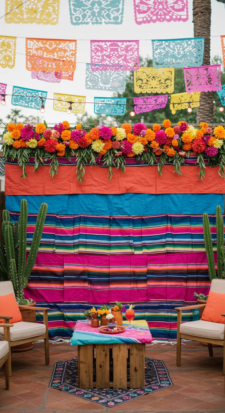 Kleurrijke Mexicaanse backdrop met deken, bloemen en papel picado.