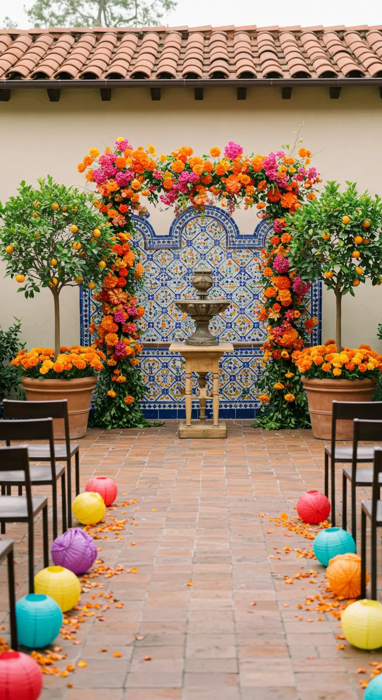 Kleurrijke ceremonie in Spaanse stijl met een bloemenboog, citrusboompjes en een tegelwand.