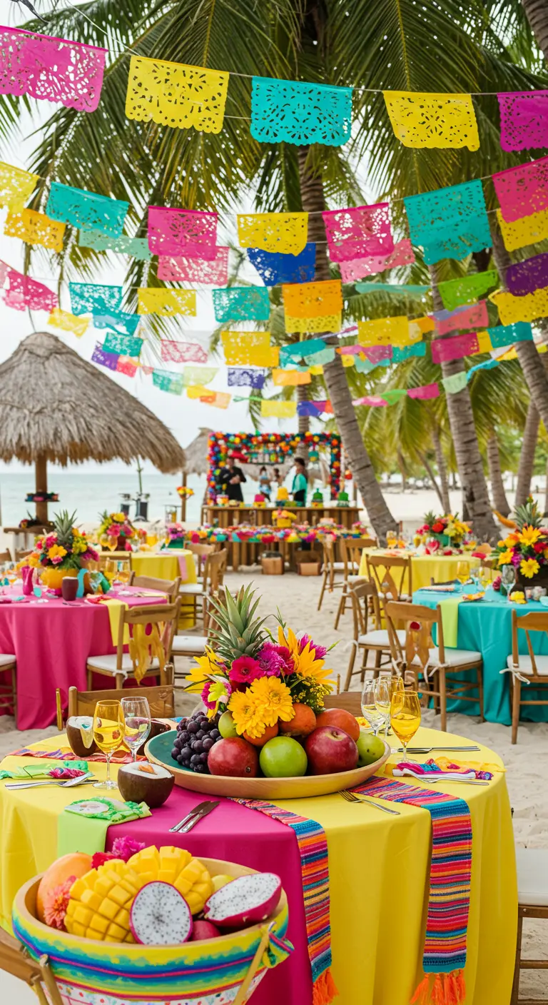 Kleurrijke Mexicaanse fiesta bruiloft op het strand met felgekleurde slingers en fruit.