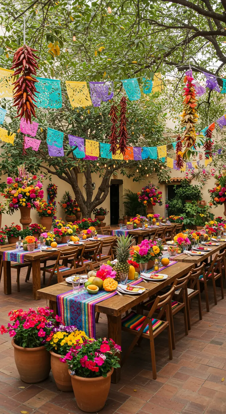 Kleurrijke fiesta-bruiloft op een binnenplaats met papel picado, fruit en bloemen.