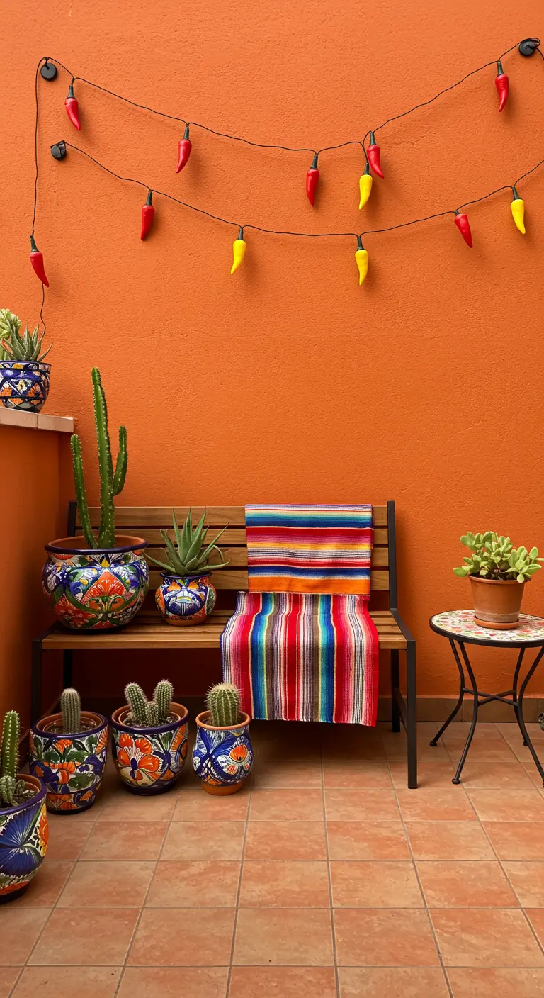 Terras in Mexicaanse stijl met een oranje muur, kleurrijke cactussen in potten en een lichtslinger met chilipepers.