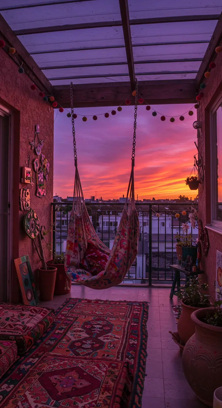 Kleurrijk, bohemian balkon met twee hangmatten, veel kleden en een intense zonsondergang.