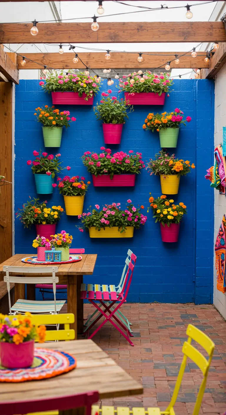 Felblauwe muur behangen met potten vol kleurrijke bloemen op een terras.