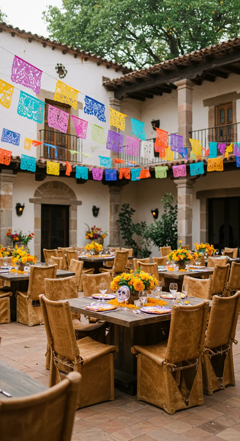 Binnenplaats met leren stoelen, houten tafels en kleurrijke Mexicaanse 'papel picado' slingers.