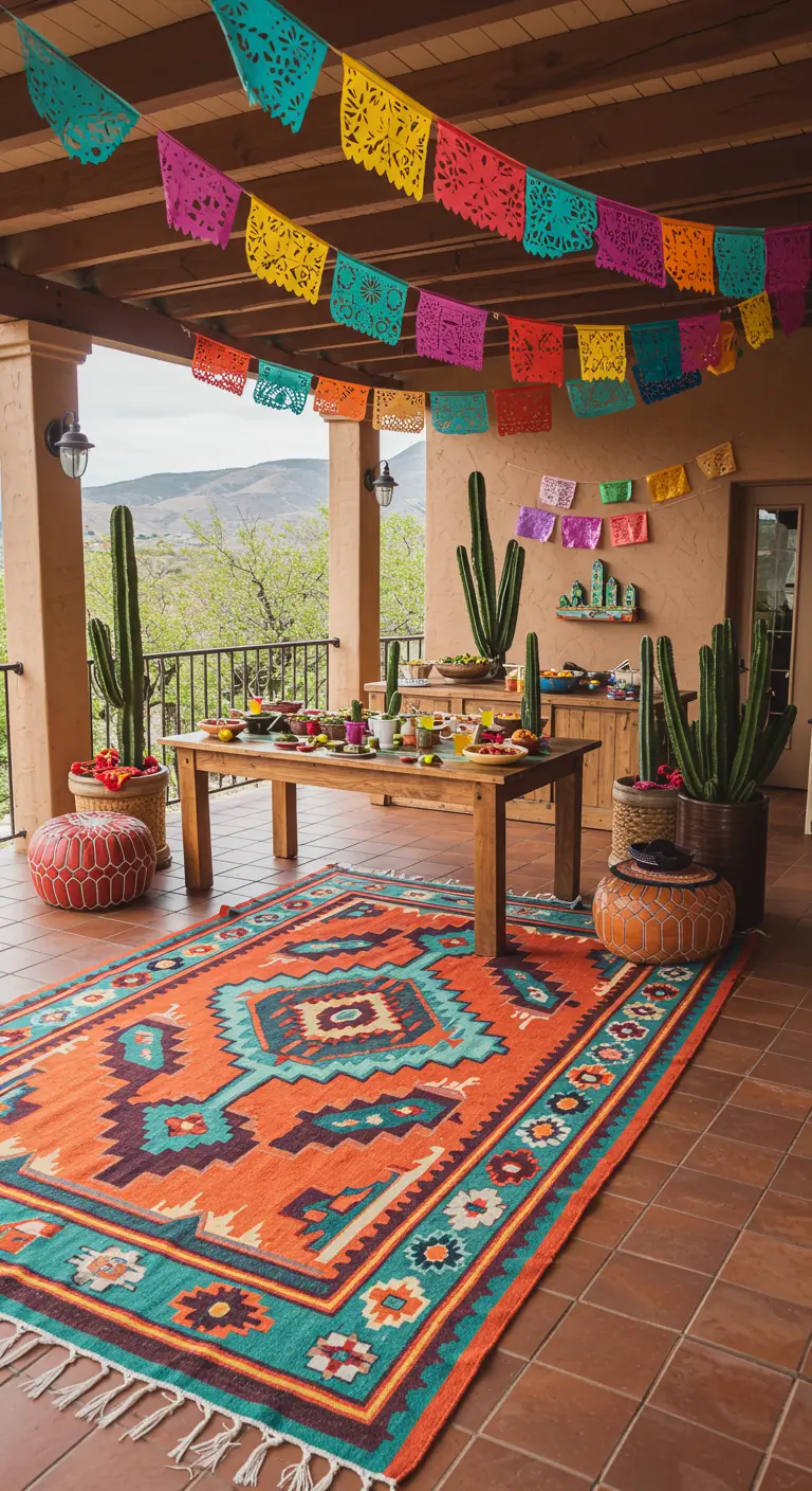 Terras met Mexicaans thema, met een groot kleurrijk tapijt en cactussen.