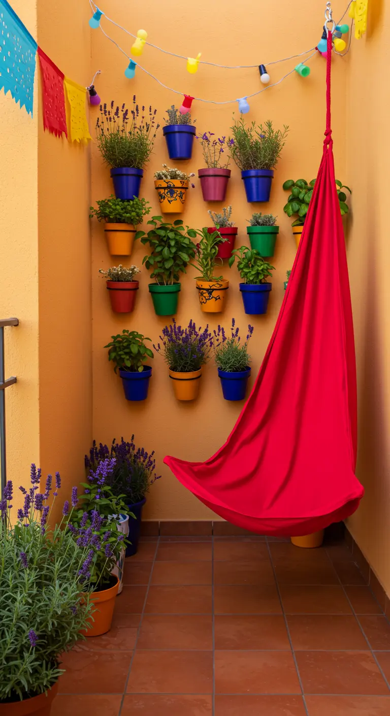 Rode hangmat op een balkon met een muur vol kleurrijke bloempotten en lichtslingers.