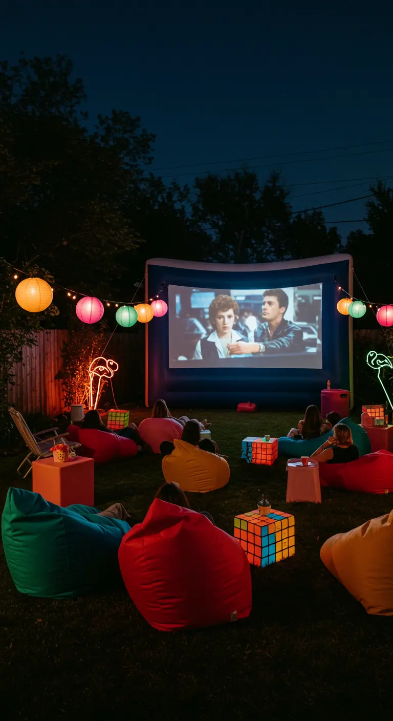 Buitenbioscoop in een tuin met zitzakken, lampionnen en lichtgevende Rubik's Cubes.