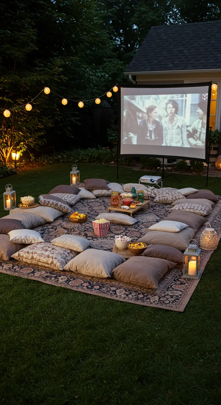 Buitenbioscoop in de tuin met een groot tapijt vol kussens, popcorn en lantaarns.