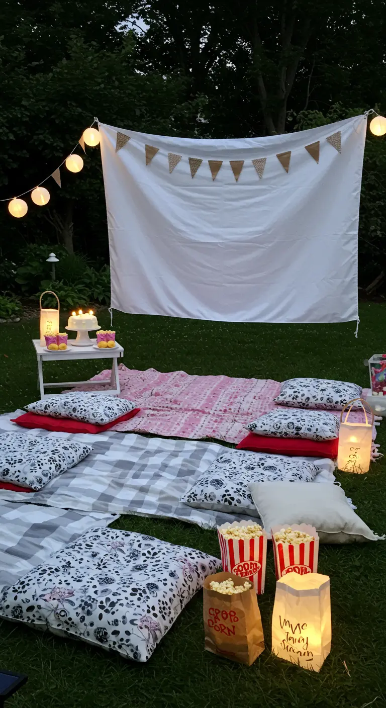 Buitenbioscoop met een wit laken, kussens en popcorn.