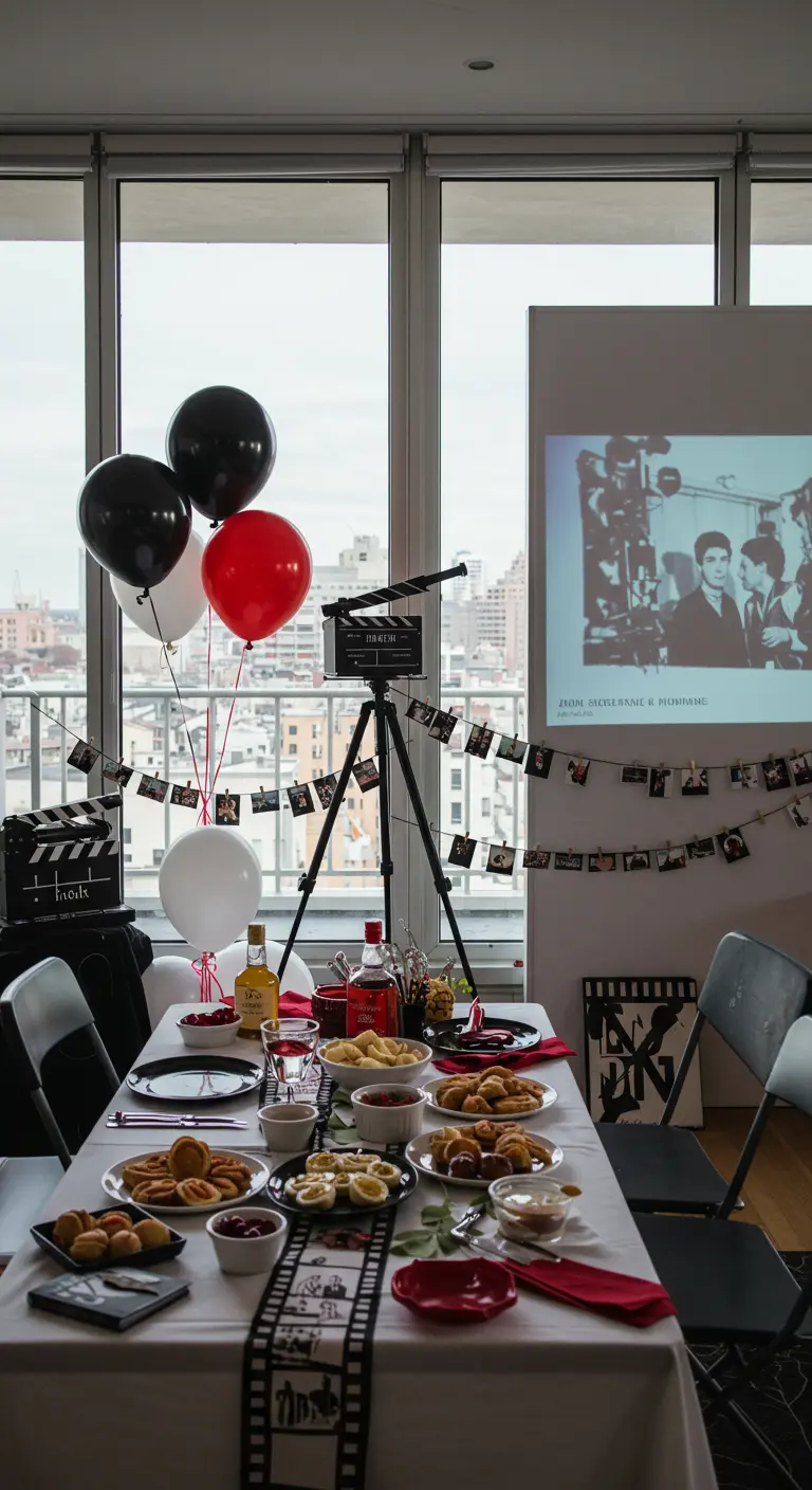 Feesttafel met filmthema, inclusief clapperboard, projector en zwart-wit-rode details.
